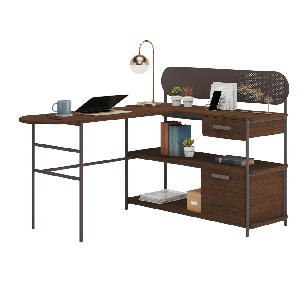 Sauder Radial 60inW L-Shaped Corner Desk, Umberwood/Black