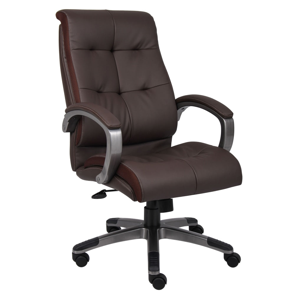 Boss Office Products Double-Plus Ergonomic LeatherPlus Bonded Leather High-Back Chair, Brown/Pewter