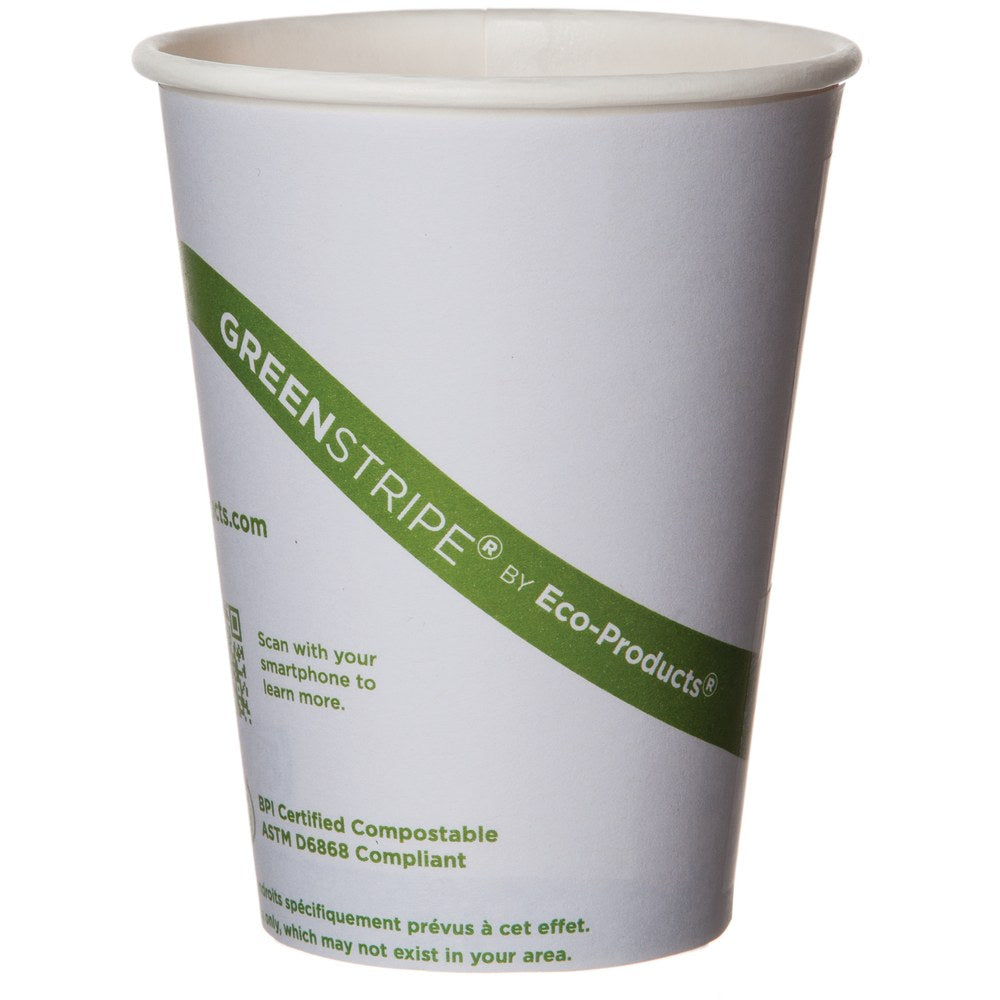 Eco-Products GreenStripe PLA Hot Cups, 12 Oz, 100% Recycled, White/Green, Pack Of 1,000 Cups