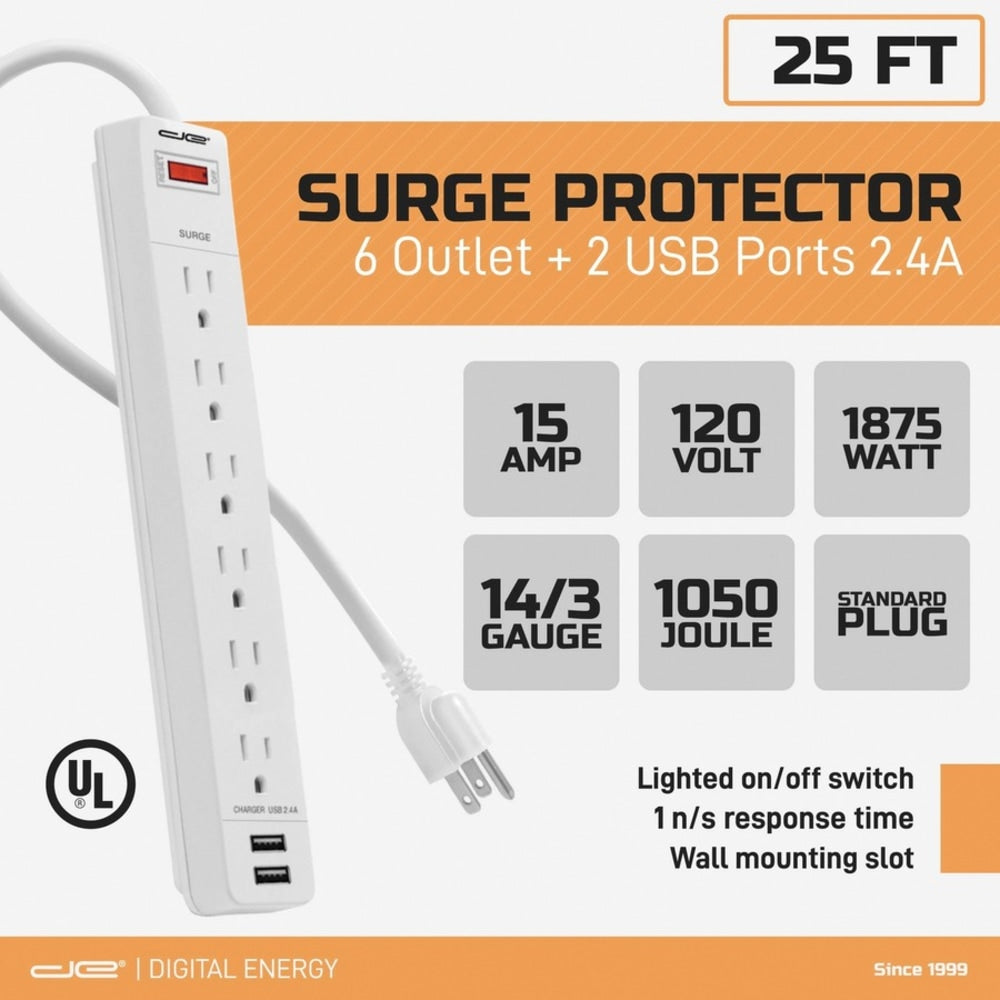 Digital Energy World 6-Outlet Surge Protector Power Strip with 2 USB Ports and 25-Foot Cord (White) - 6 x AC Power, 2 x USB - 1875 VA - 1050 J - 120 V AC Input - 25 ft