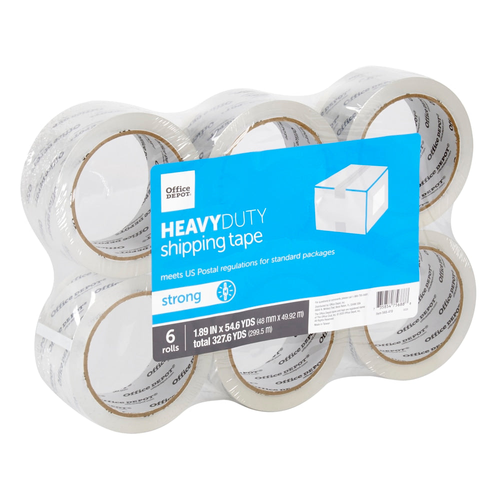 Office Depot Brand Heavy Duty Shipping Packing Tape, 1.89in x 54.6 Yd., Crystal Clear, Pack Of 6 Rolls