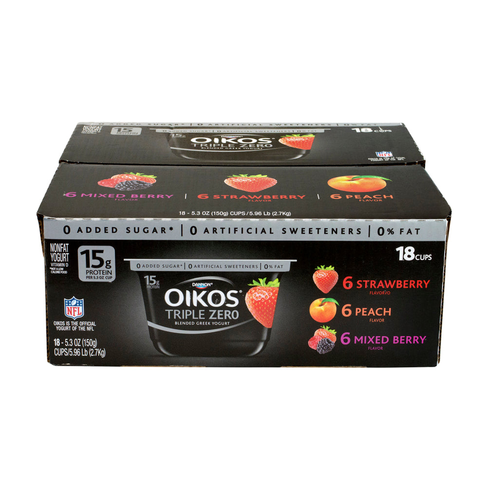 Dannon Oikos Triple Zero Blended Greek Nonfat Yogurt Variety Pack, 5.3 Oz, Pack Of 18 Tubs