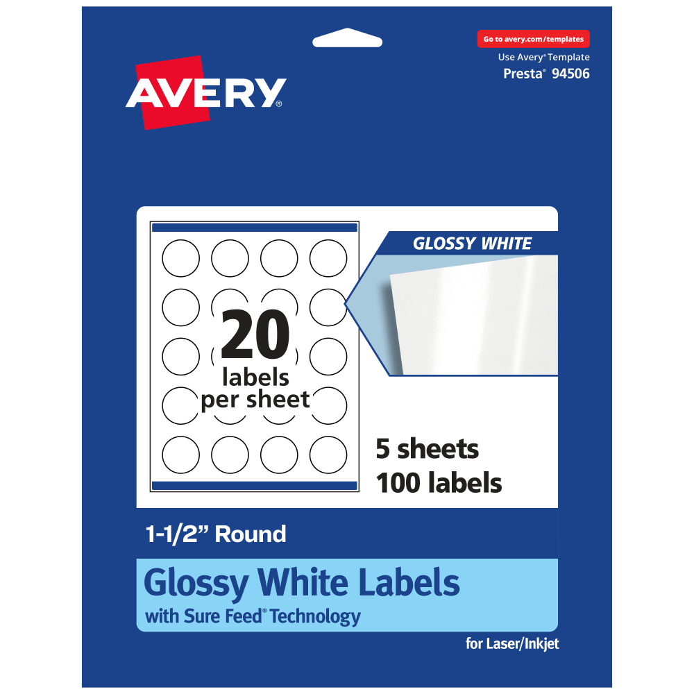 Avery Glossy Permanent Labels With Sure Feed, 94506-WGP5, Round, 1-1/2in Diameter, White, Pack Of 100