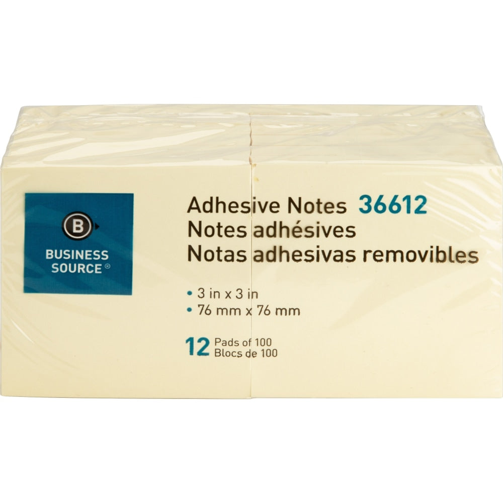 Business Source Yellow Repositionable Adhesive Notes - 3in x 3in - Square - Yellow - Repositionable, Solvent-free Adhesive - 12 / Pack