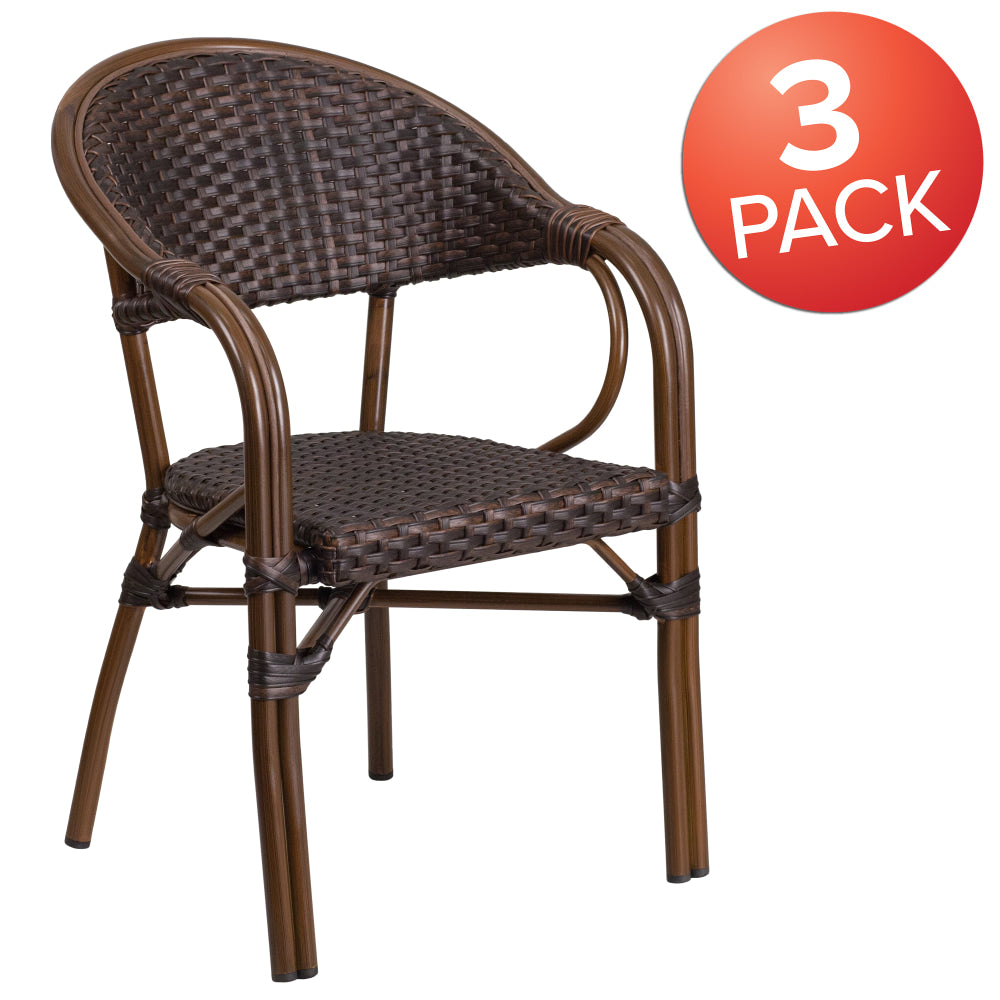 Flash Furniture Lila Rattan Restaurant Patio Chairs With 9-Tier Stacking Capacity, Bark Brown Rattan/Red Bamboo, Set Of 3 Chairs