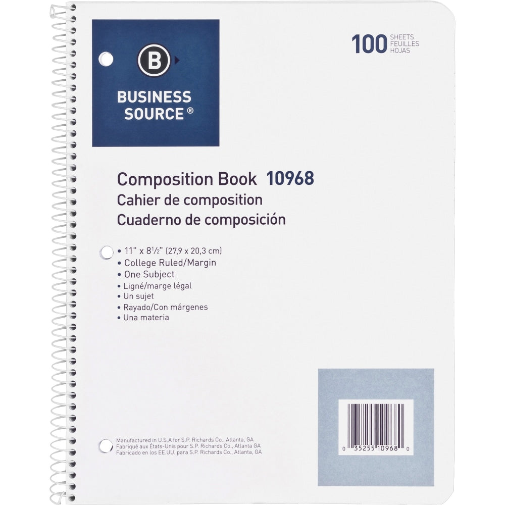 Business Source Wirebound Notebook, 8 1/2in x 11in, College Ruled, 100 Sheets, White