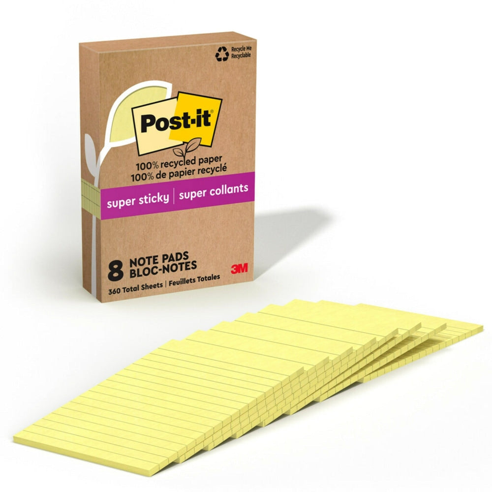 Post-it Paper Super Sticky Notes, 360 Total Notes, Pack Of 8 Pads, 4in x 6in, 100% Recycled, Canary Yellow, 45 Sheets Per Pad