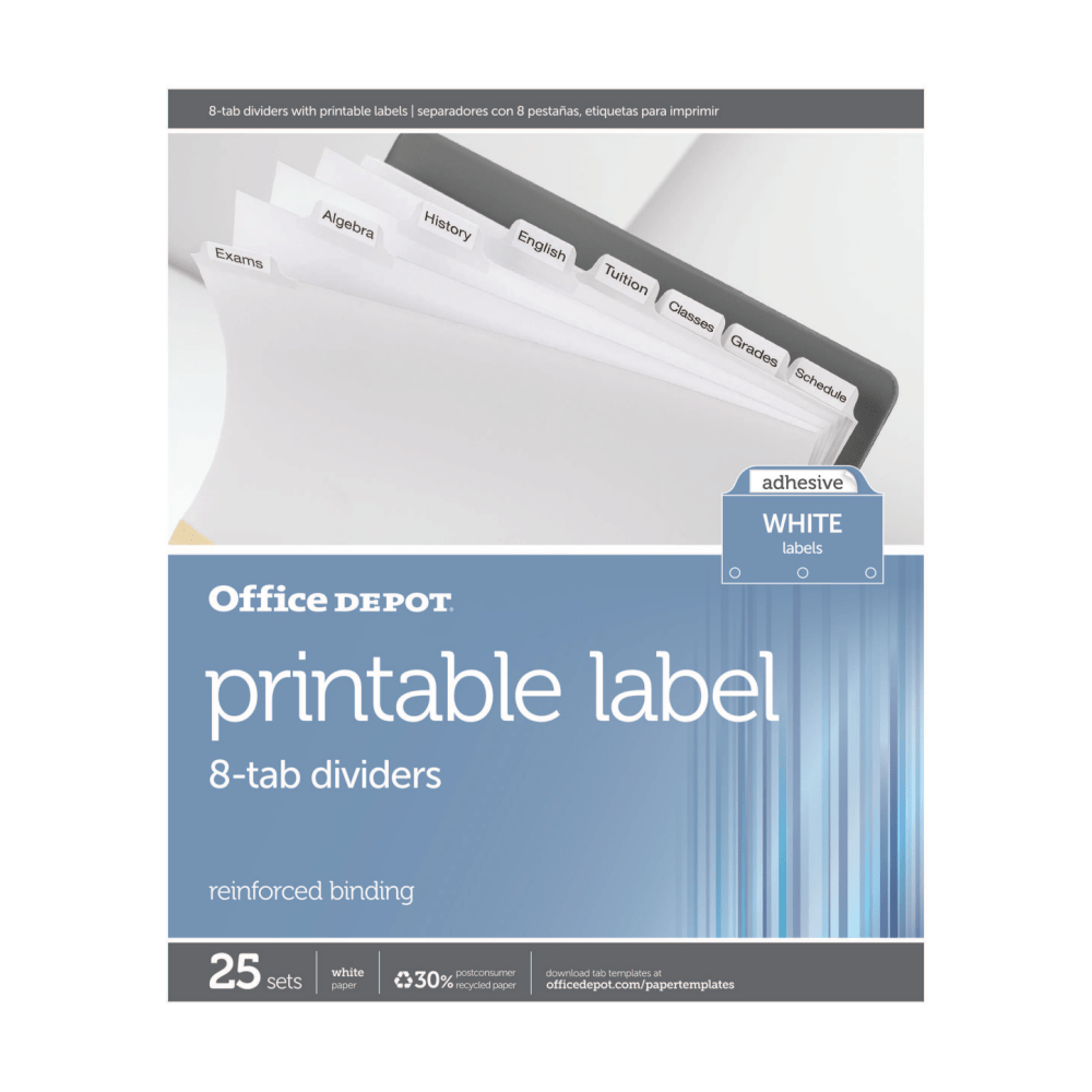 Office Depot Brand Index Dividers, 8 1/2in x 11in, White, 8 Tabs Per Set, Box Of 25 Sets