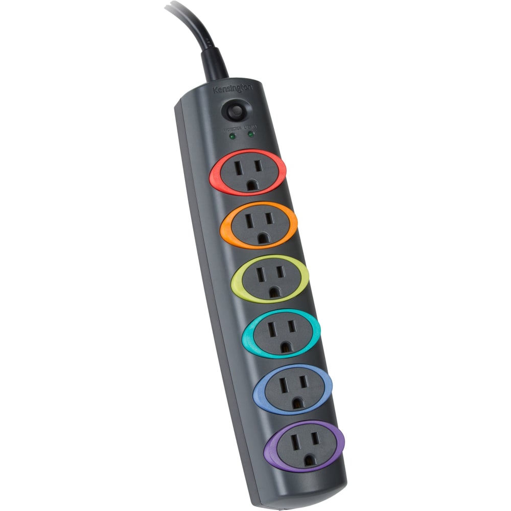 Kensington SmartSockets Surge Strip, 370 Joules, 6ft Cord, 6 Power & 1 Phone Outlet, Color Coded