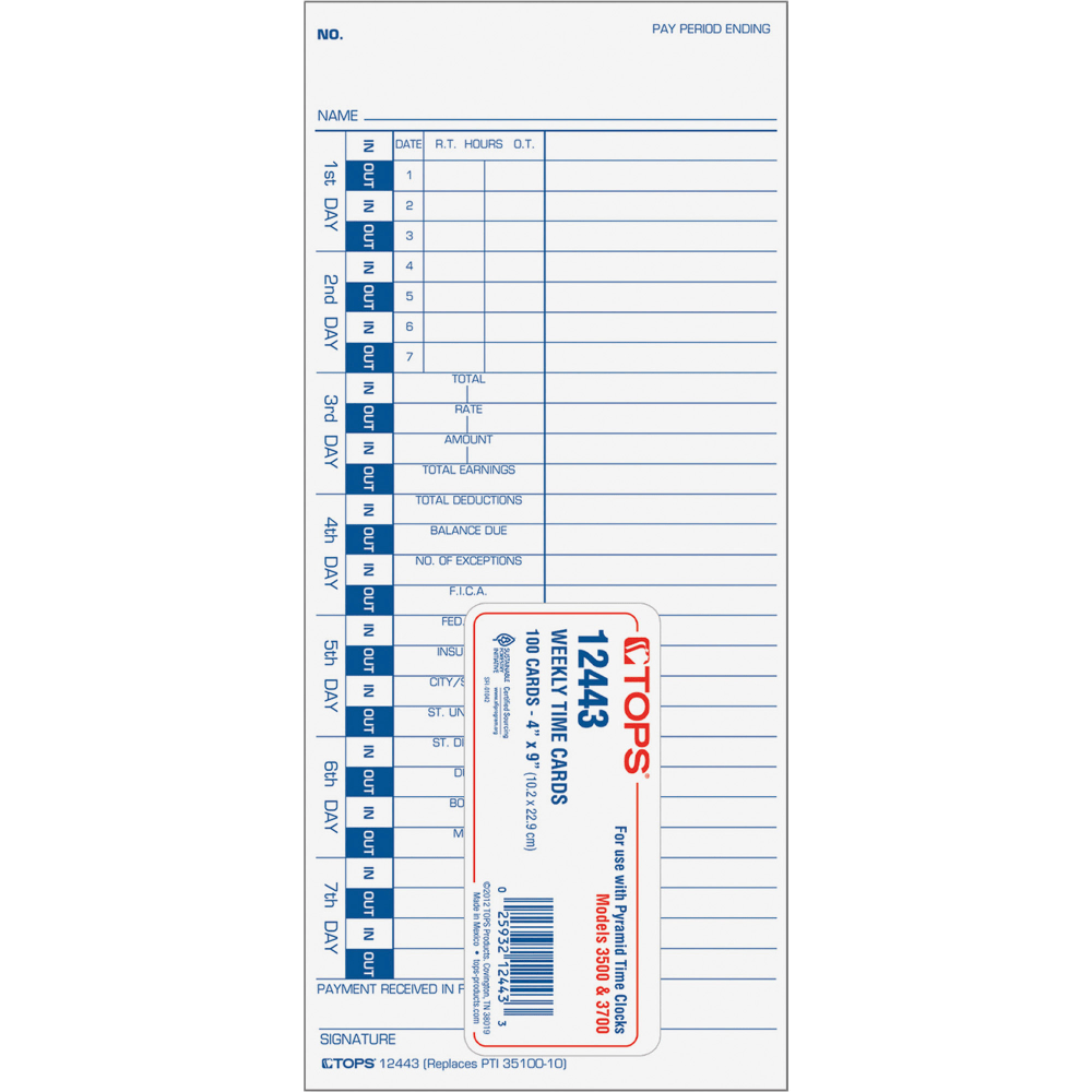 TOPS One-Side Weekly Time Cards - 4in x 9in Sheet Size - White Sheet(s) - Blue Print Color - 100 / Pack