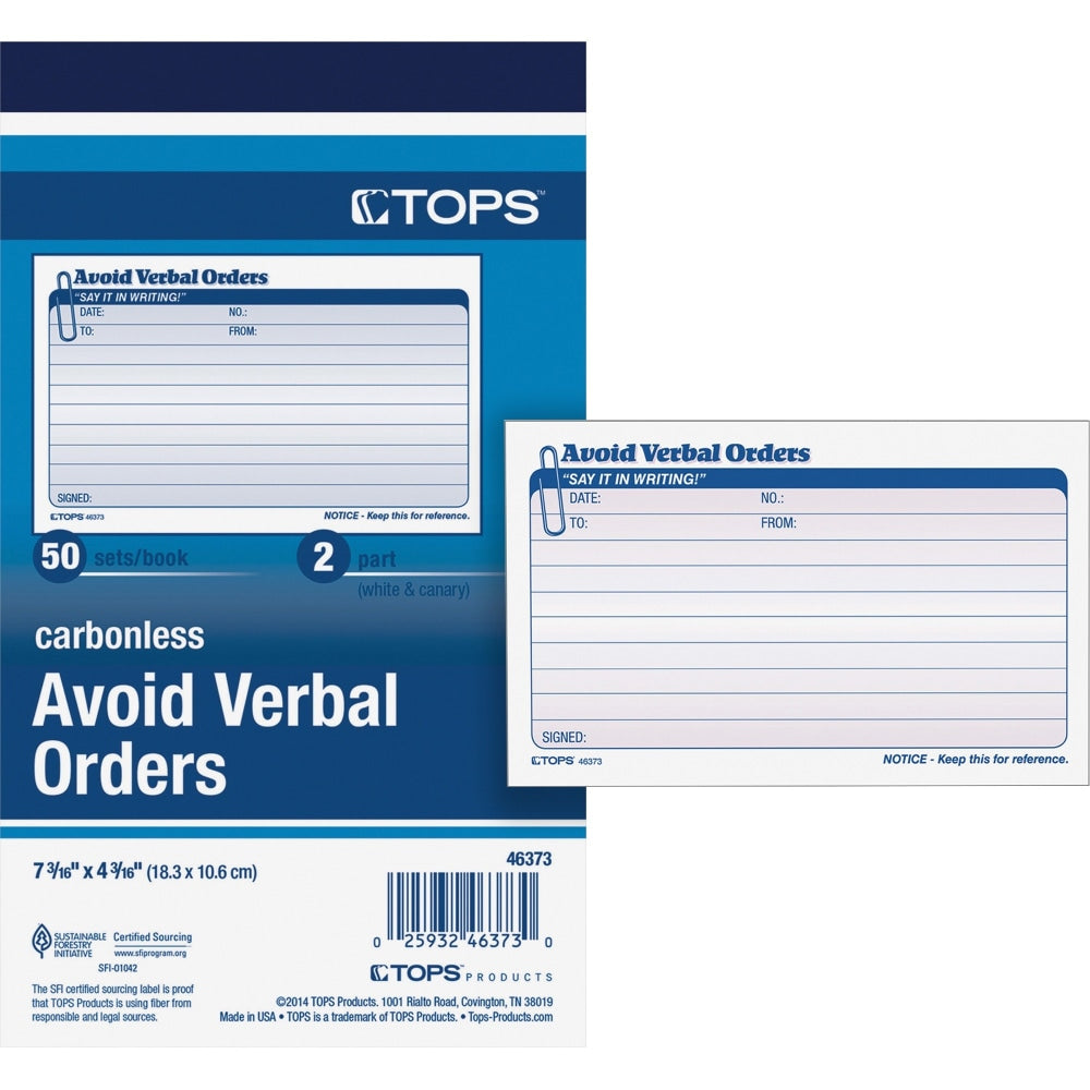 TOPS Avoid Verbal Orders Book - 50 Sheet(s) - 2 PartCarbonless Copy - 4.25in x 7in Form Size - White - 1 Each