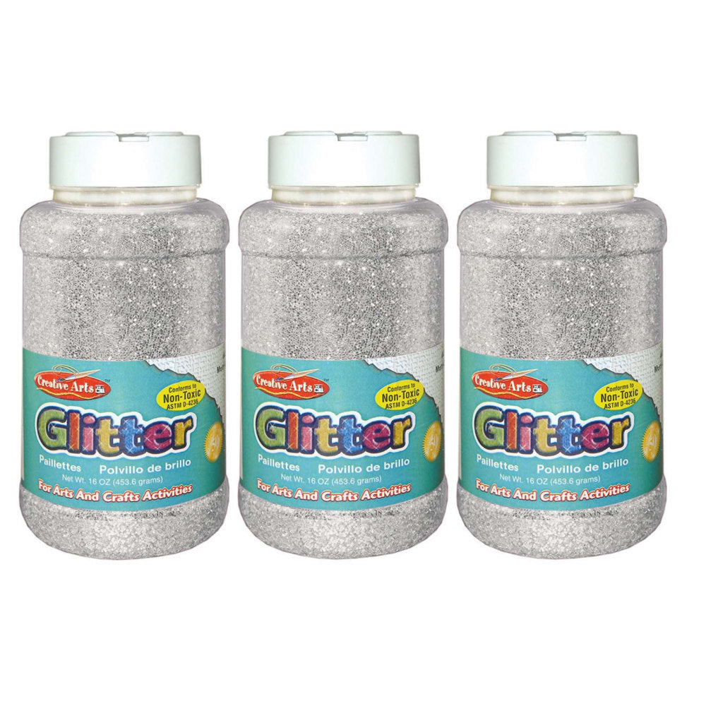 Charles Leonard Creative Arts Glitter, 1 Lb, Silver, Pack Of 3 Bottles