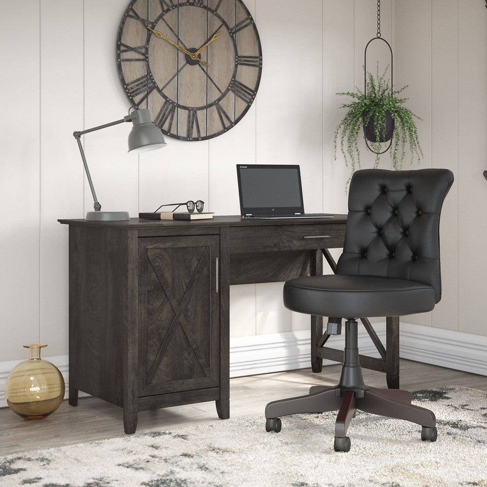 Bush Furniture Key West 54inW Computer Desk With Storage And Mid-Back Tufted Office Chair, Dark Gray Hickory, Standard Delivery