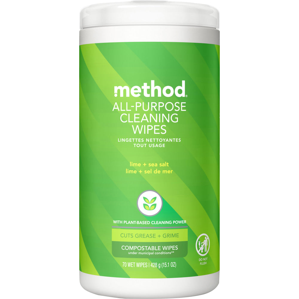 Method All-Purpose Cleaning Wipes, 3in x 4in, Lime + Seasalt Scent, Green, Tub Of 70