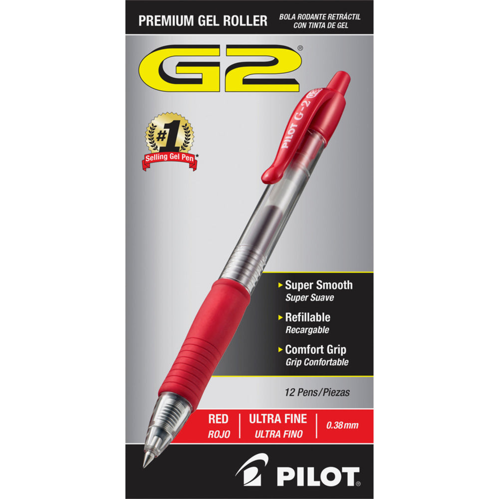 Pilot G2 Premium Gel Roller Retractable Pens - Ultra Fine Pen Point - 0.38 mm Pen Point Size - Refillable - Retractable - Red Gel-based Ink - Clear Barrel - 24 / Bundle