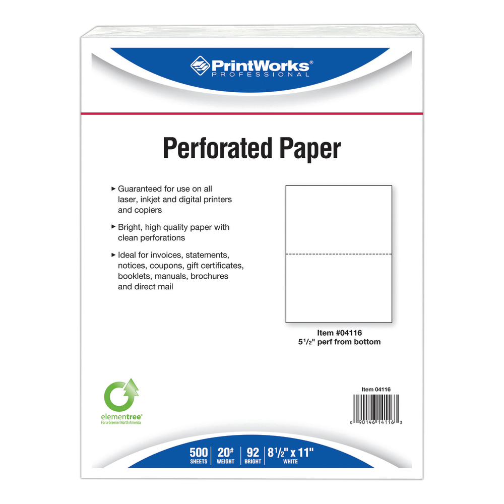 PrintWorks Professional Pre-Perforated Paper for Statements, Tax Forms, Bulletins, Planners And More, Letter Size (8 1/2in x 11in), Ream Of 500 Sheets, 20 Lb