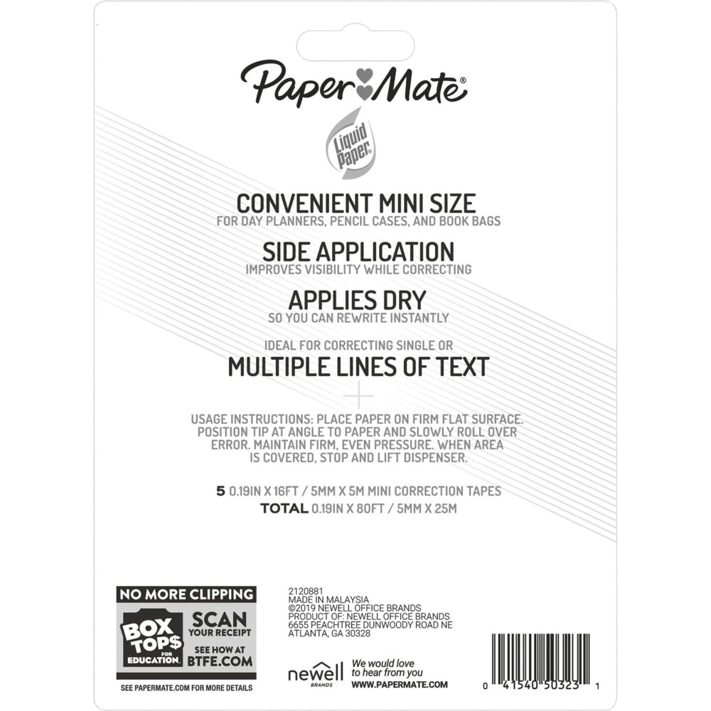 Paper Mate Liquid Paper DryLine Mini Fashion Correction Tape, 1 Line x 196in, Assorted Fashion Colors, Pack Of 5