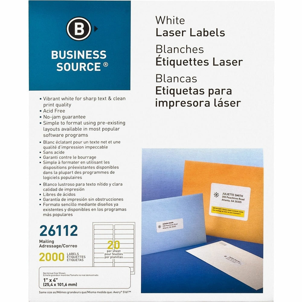 Business Source Bright White Premium-quality Address Labels - 1in Width x 4in Length - Permanent Adhesive - Rectangle - Laser, Inkjet - White - 20 / Sheet - 100 Total Sheets - 2000 / Pack - Lignin-free, Jam-free