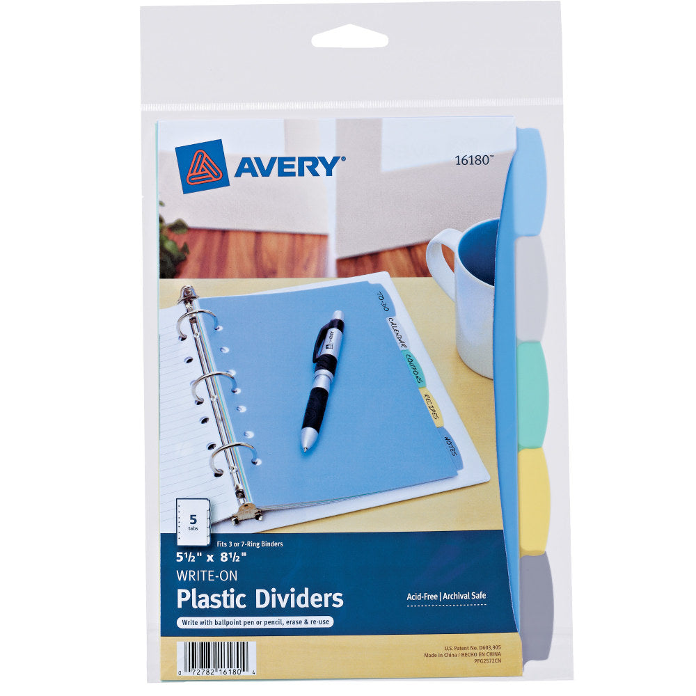 Avery Write & Erase Plastic Dividers, 5 1/2in x 8 1/2in, Multicolor, 5-Tab