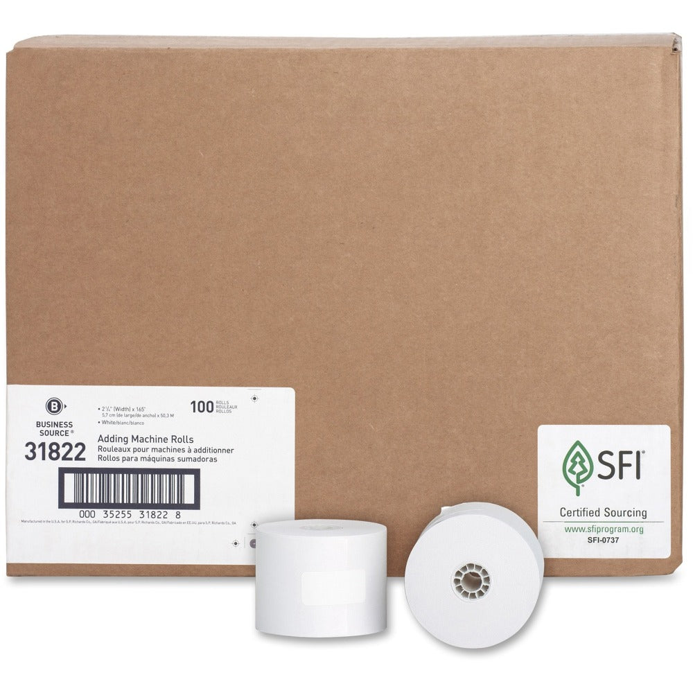 Business Source 1-Ply 2-1/4inx165ft Adding Machine Rolls - 2 1/4in x 165 ft - 100 / Carton - Sustainable Forestry Initiative (SFI) - Lint-free - White