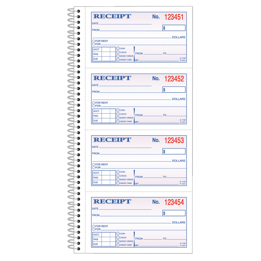 Adams Carbonless 2-Part Spiral Money/Rent Receipt Book, 11in x 5 1/4in, Book Of 200 Sets