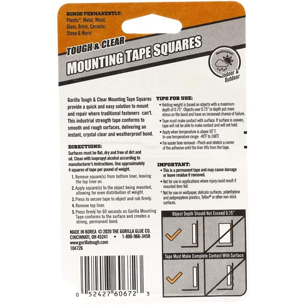 Gorilla Tough & Clear Mounting Squares - 1in Length x 1in Width - 1 / Pack - Clear