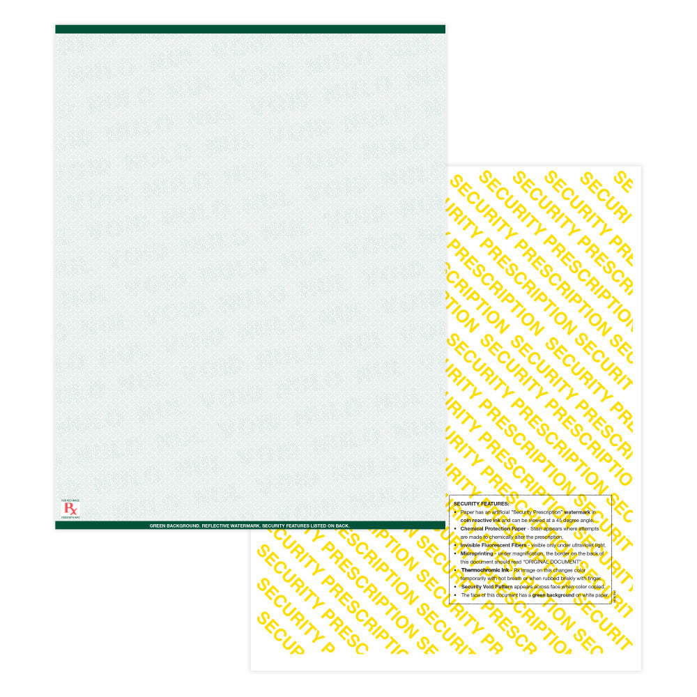 Medicaid-Compliant High-Security Perforated Laser Prescription Forms, Full Sheet, 1-Up, 8-1/2in x 11in, Green, Pack Of 2,500 Sheets