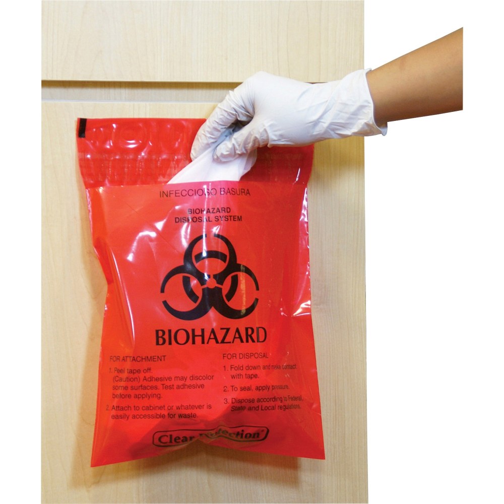 Unimed Stick-On Biohazard Infectious Waste Bags, 2.6 Quarts, Red, Box Of 100