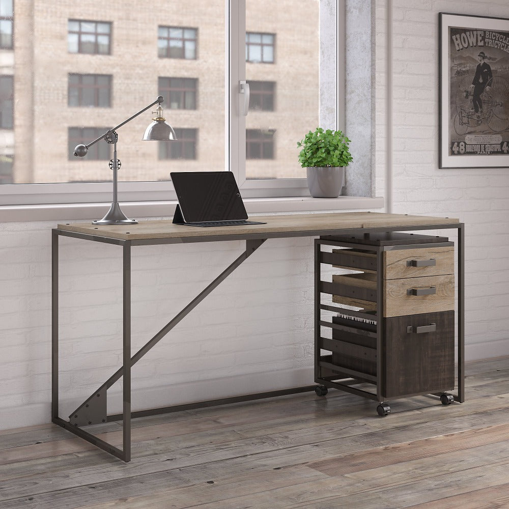 Bush Furniture Refinery Industrial 62inW Computer Desk With 3 Drawer Mobile File Cabinet, Rustic Gray/Charred Wood, Standard Delivery