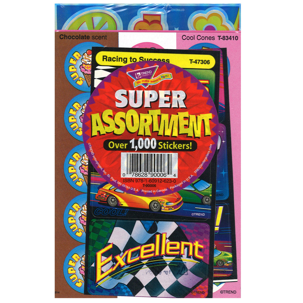 Trend Super Assortment Sticker Packs, Assorted Colors, 1000 Stickers Per Pack, Set Of 3 Packs