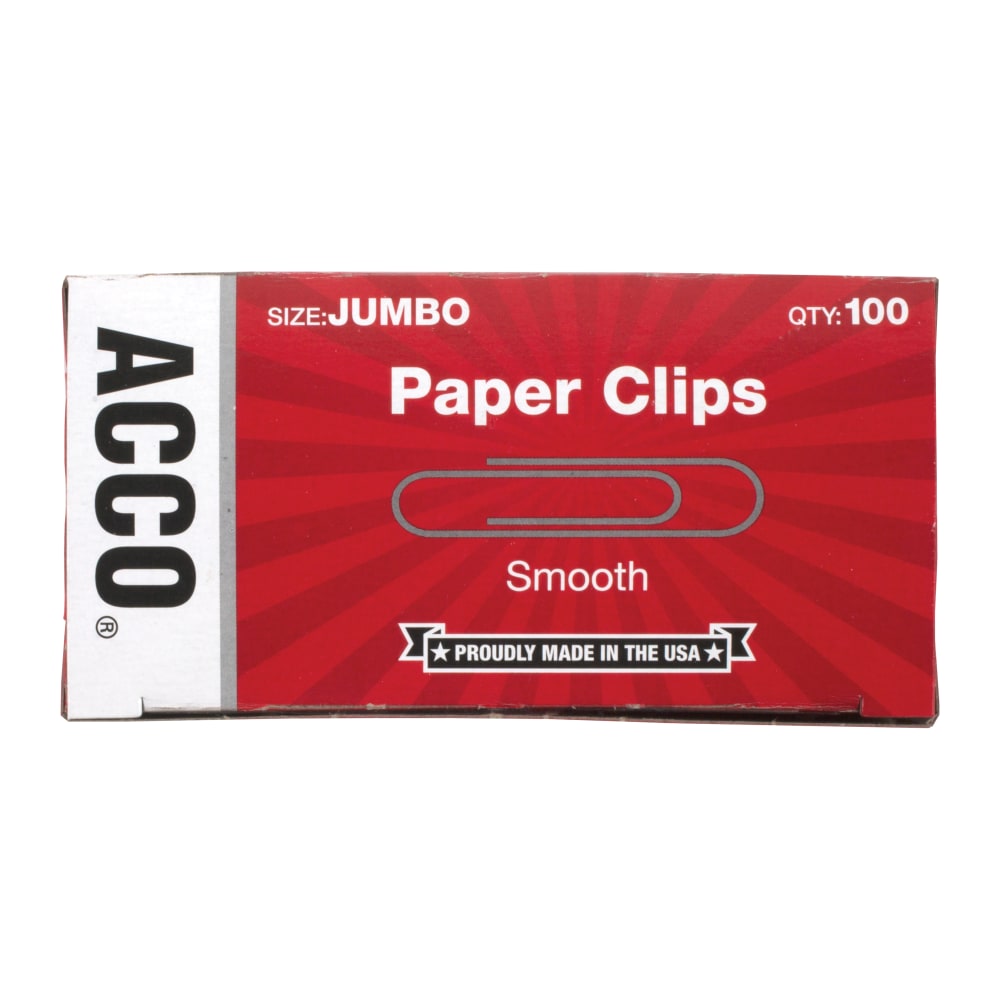 ACCO Economy Smooth Paper Clips, 1000 Total, Jumbo, Silver, 100 Per Box, Pack Of 10 Boxes