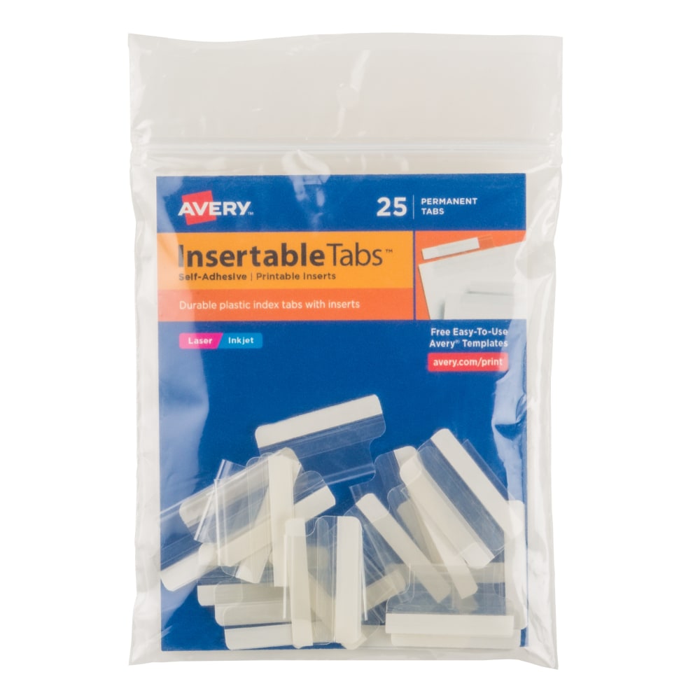 Avery Insertable Self-Adhesive Index Tabs With Printable Inserts, 1in, Clear, Pack Of 25