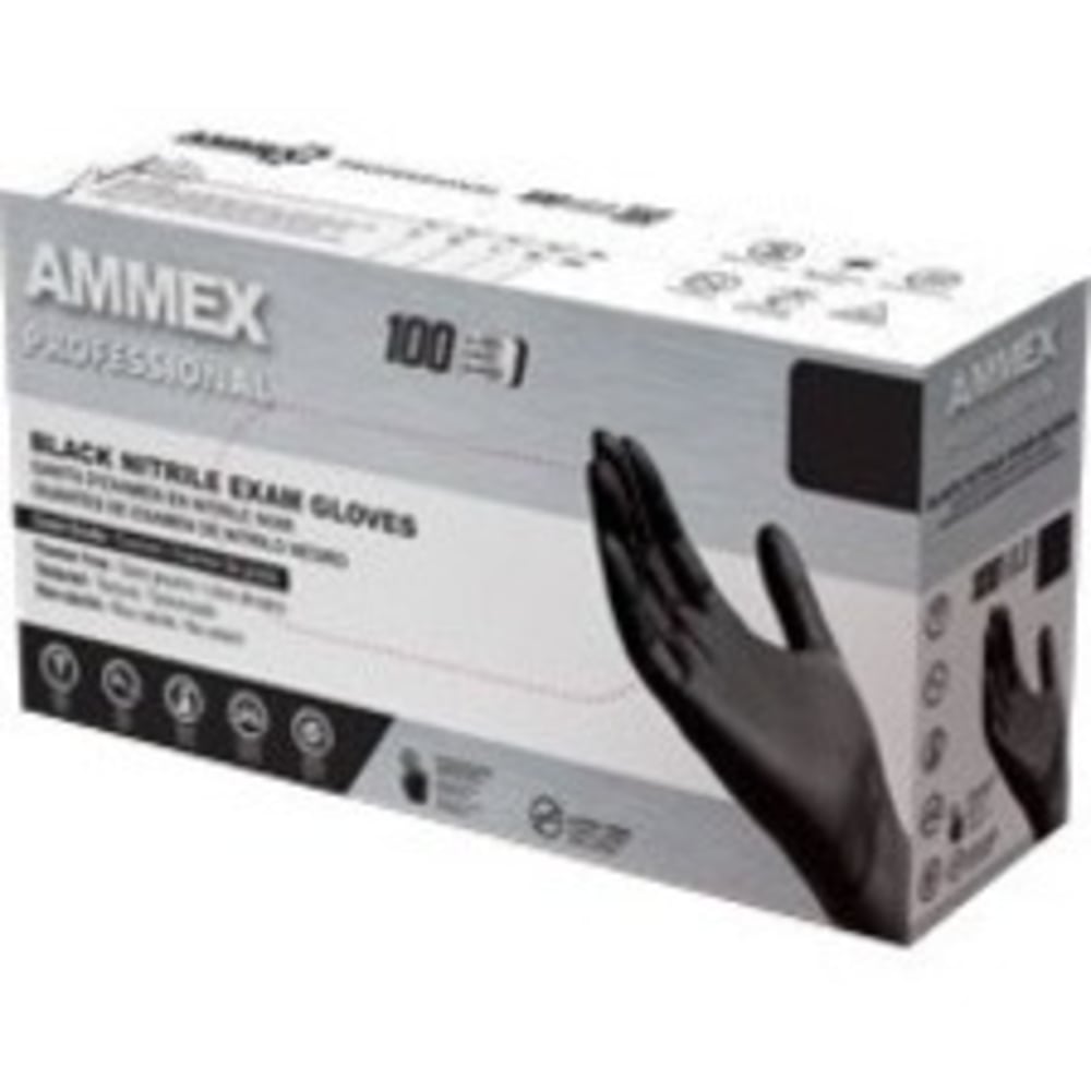 Ammex Professional Powder-Free Exam-Grade Nitrile Gloves, Medium, Black, Box Of 100 Gloves