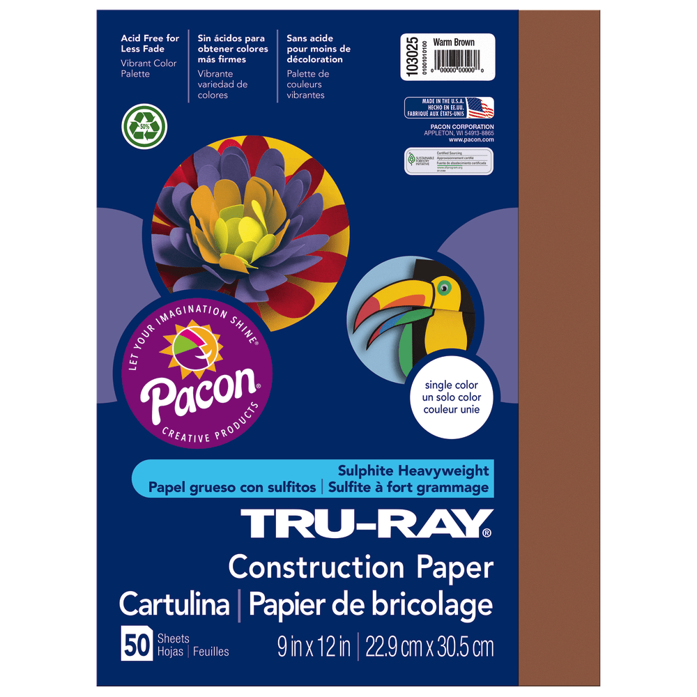 Tru-Ray Construction Paper, 50% Recycled, 9in x 12in, Warm Brown, Pack Of 50