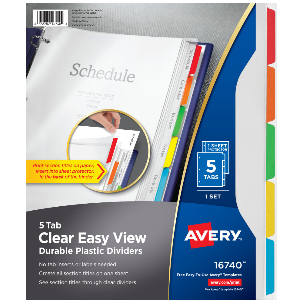 Avery Clear Easy View Durable Plastic Dividers For 3 Ring Binders, 8-1/2in x 11in, 5-Tab, Bright Multicolor, 1 Set