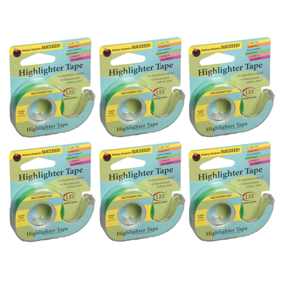 Lee Products Removable Highlighter Tape, 0.5in x 20ft, Green, Pack Of 6