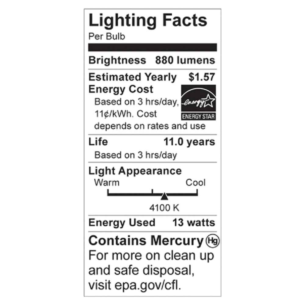 Satco T2 13-watt Mini Spiral CFL Bulb - 13 W - 60 W Incandescent Equivalent Wattage - 120 V AC - 880 lm - Spiral - T2 Size - Cool White Light Color - E26 Base - 12000 Hour - 6920.3 deg.F (3826.8 deg.C) Color Temperature - 82 CRI