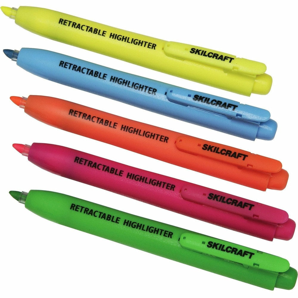 SKILCRAFT Retractable Chisel-Tip Highlighters, Pack Of 5 (AbilityOne 7520-01-554-8211)