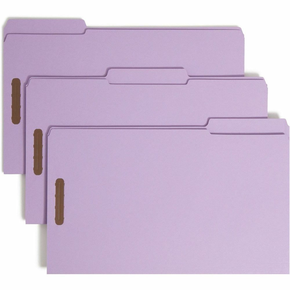 Smead Colored Top-Tab Fastener File Folders, 8 1/2in x 14in, Legal Size, Lavender, Box Of 50 Folders