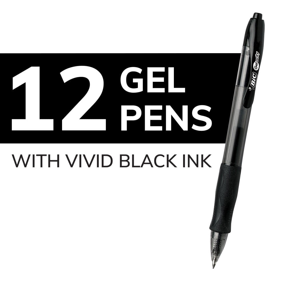 BIC Gel-ocity Original Long Lasting Retractable Gel Pens, Medium Point, 0.7 mm, Black Barrel, Black Ink, Pack Of 12