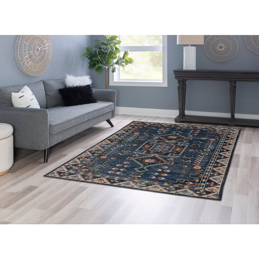 Linon Washable Area Rug, 5ft x 7ft, Lucien Navy/Ivory