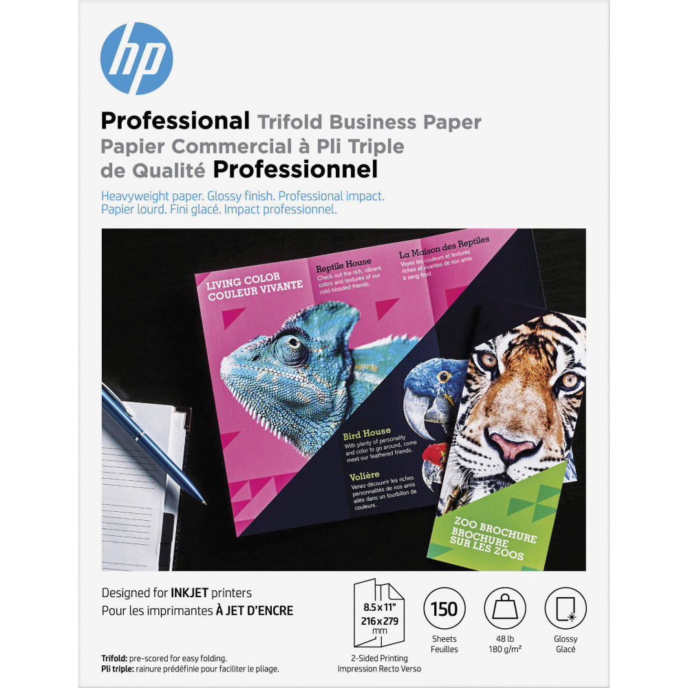 HP Brochure/Flyer Inkjet Paper, Glossy, White, Letter (8-1/2in x 11in), Pack Of 150 Sheets, 48 Lb