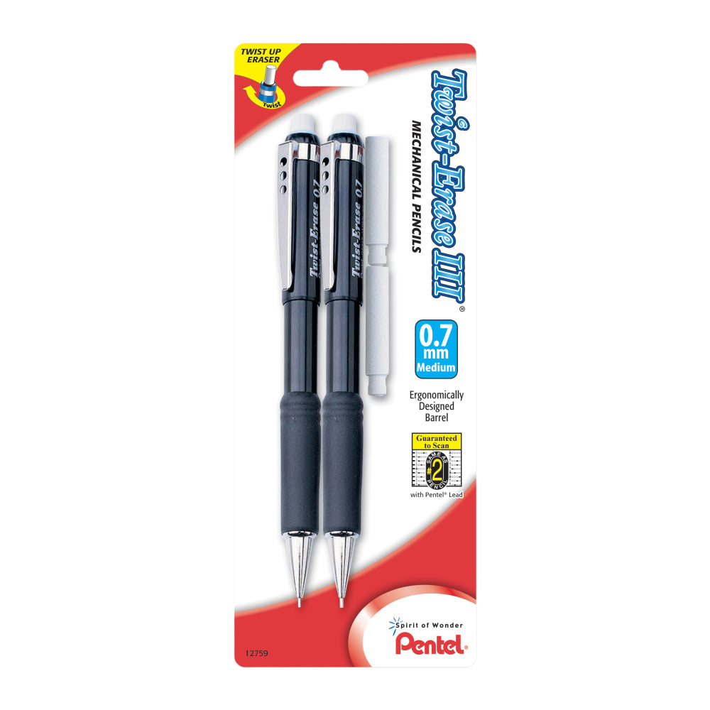 Pentel Twist-Erase III Mechanical Pencils, 0.7mm, Assorted Barrel Colors, Pack Of 2 Pencils