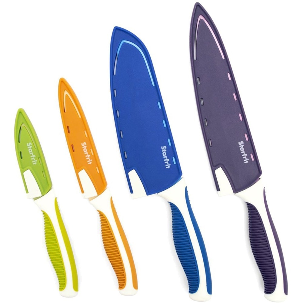 Starfrit Set of 4 Knives with Sharpeners - 4/Set - 1 x Chefs Knife, 1 x Santoku Knife, 1 x Utility Knife, 1 x Paring Knife - 8in Width Chefs Knife, 7in Width Santoku Knife, 5in Width Utility Knife, 3.50in Width Paring Knife - Multicolor