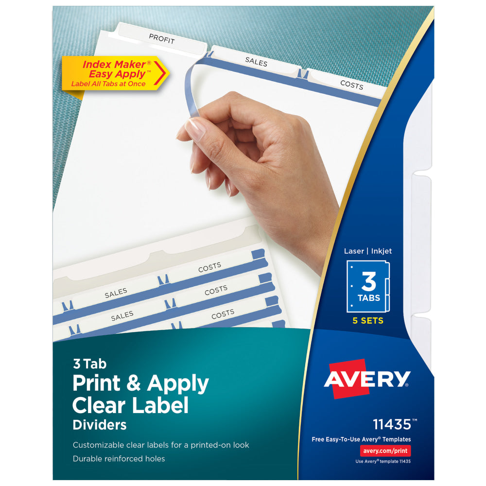 Avery Customizable Index Maker Dividers For 3 Ring Binder, Easy Print & Apply Clear Label Strip, 3 Tab, White, Pack Of 5 Sets