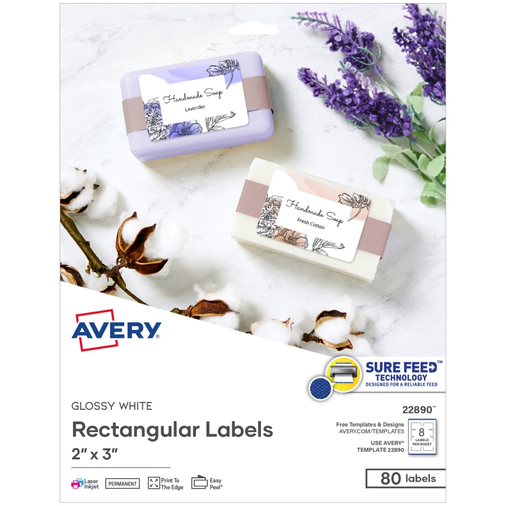 Avery Print-to-the-Edge Labels, 22890, 2in x 3in, Glossy White, 8 Labels Per Sheet, Pack Of 10 Sheets