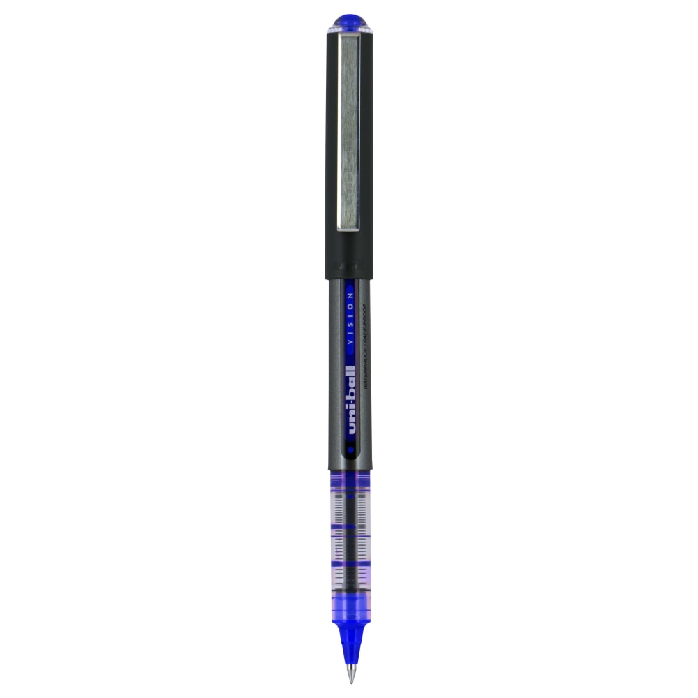 uni-ball Vision Rollerball Pens, Micro Point, 0.5 mm, Black Barrel, Blue Ink, Pack Of 12