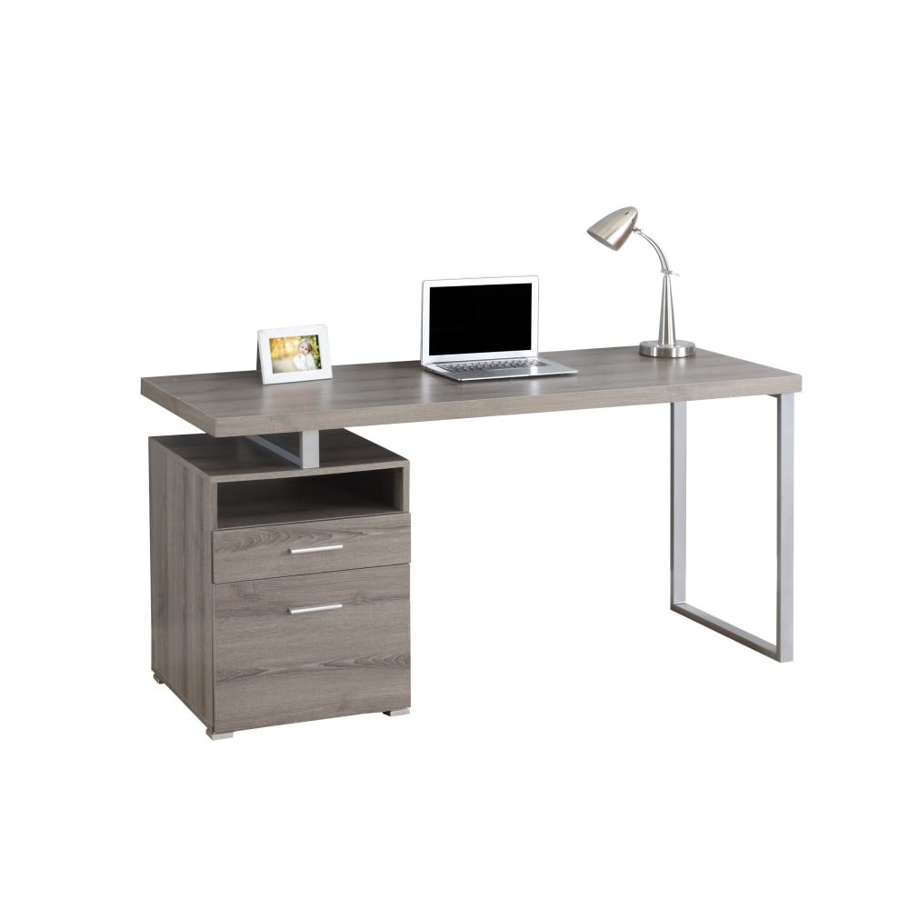 Monarch Specialties Contemporary 60inW Computer Desk With 2 Drawers And Open Shelf, Dark Taupe/Silver