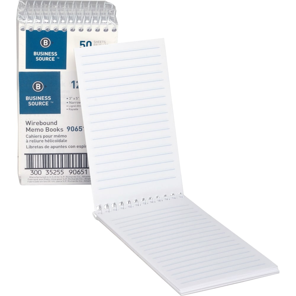 Business Source Wirebound Memo Books, 5in x 3in, 50 Sheets, White, Pack Of 12