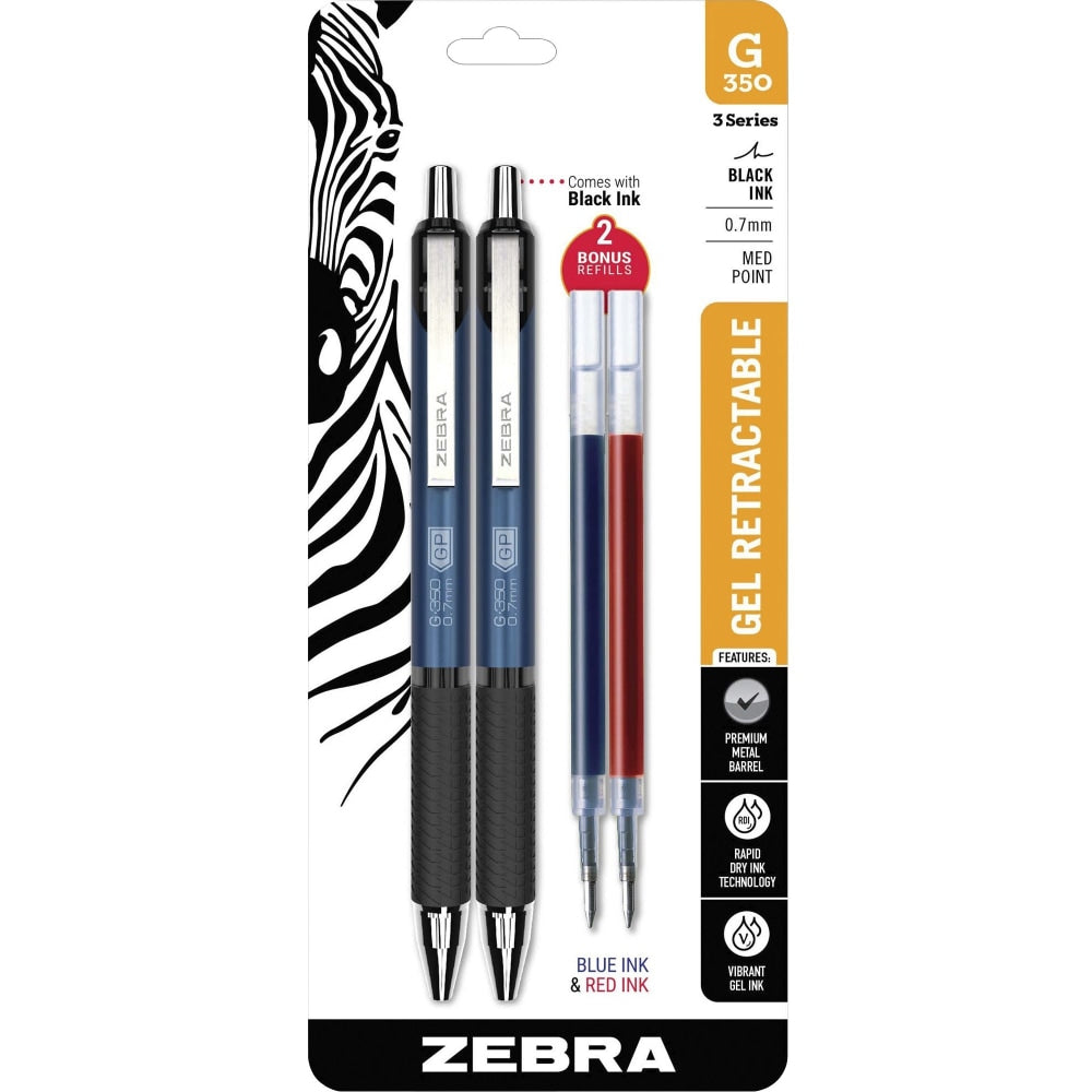 Zebra Pen STEEL 3 Series G-350 Retractable Gel Pens, Pack Of 2, Medium Point, 0.7 mm, Black Barrel, Black Ink